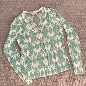 LOFT Petite Ikat Print V-Neck Cardigan, XSP, EUC